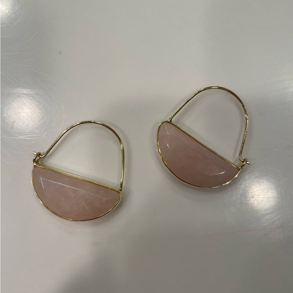 Gold and rose quartz half moon hoop earrings